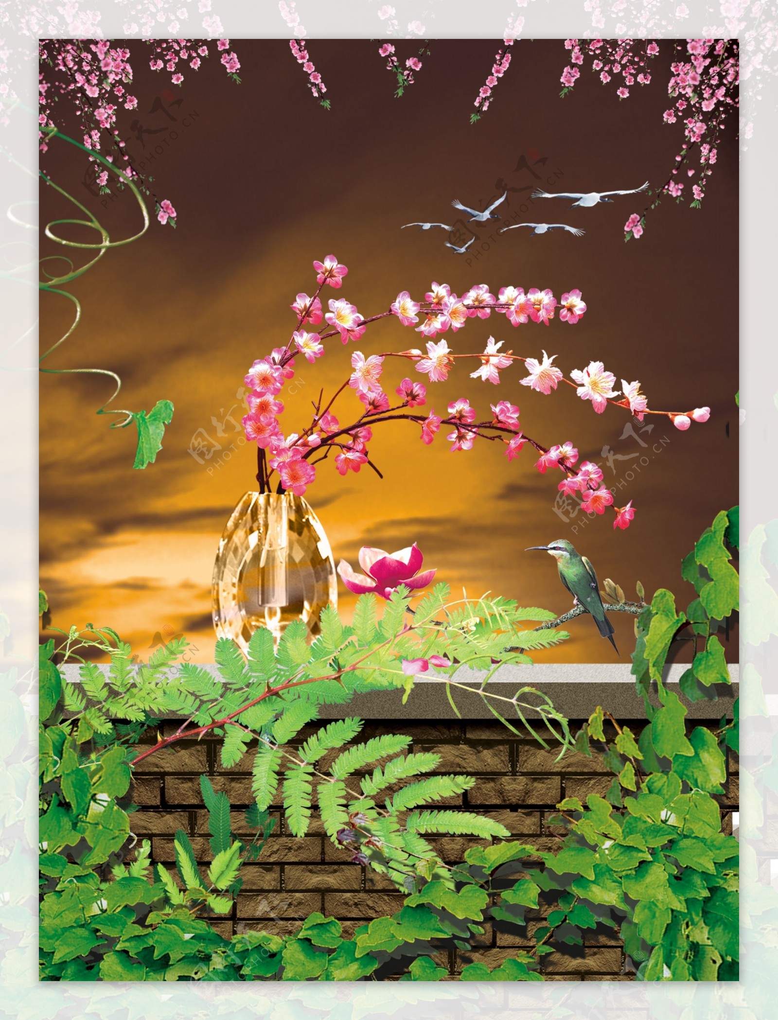庭院花瓶花花朵风景景色树叶墙古典背景底图素材天空小鸟大雁动物