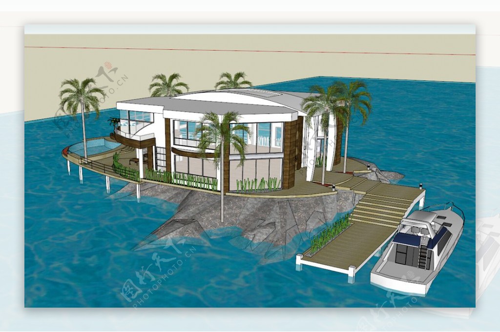 SU景观模型滨水别墅模型图片