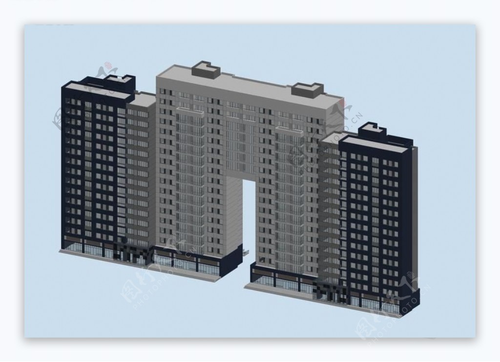 现代简洁风格对称建筑3D立体模型图