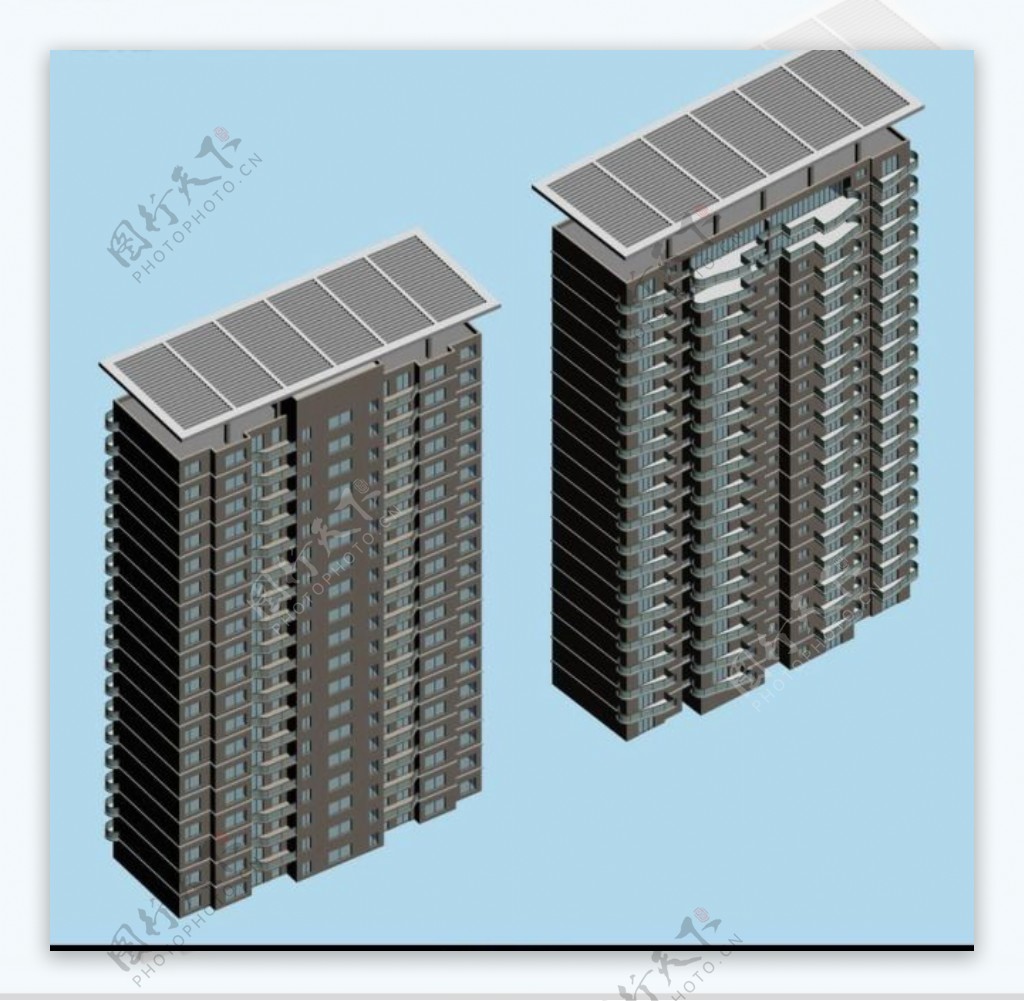 两栋太阳能顶板式住宅楼模型