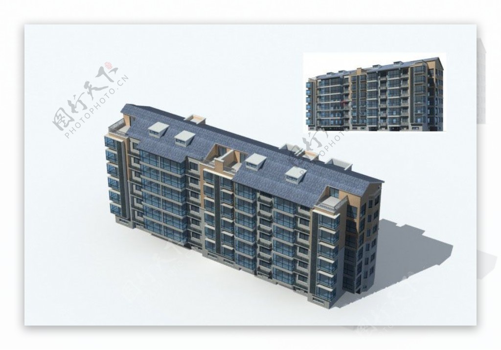 蓝色斜坡顶住宅建筑3d模型
