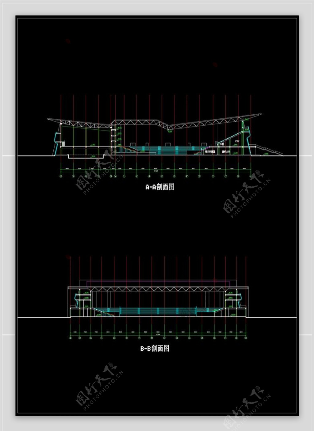 荆门体育文化中心剖面图CAD图纸