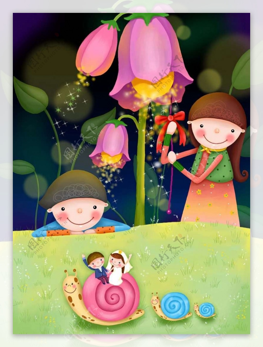 粉色花朵下的孩子和蜗牛
