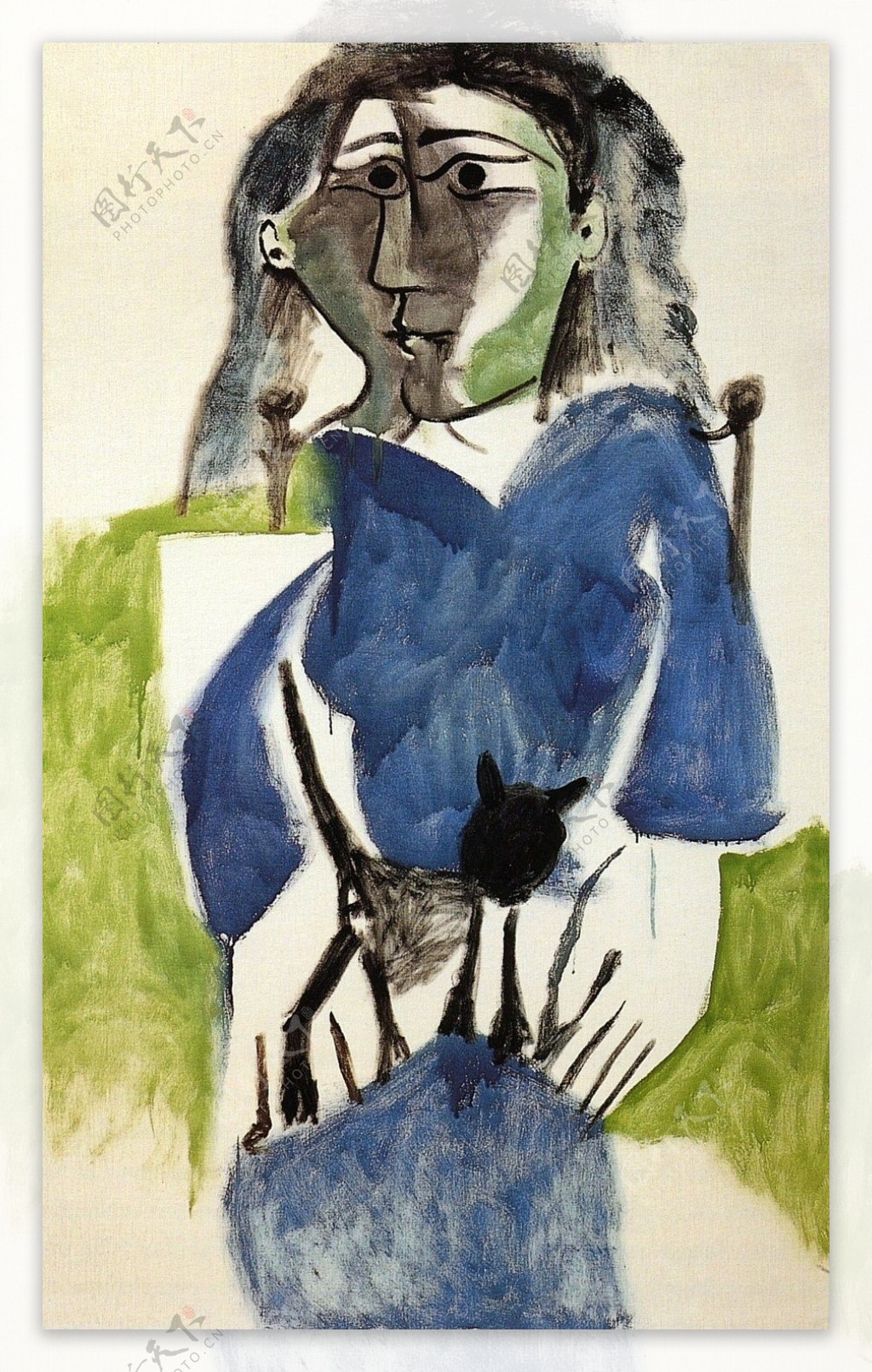 1964Femmeauchatnoirrobebleue西班牙画家巴勃罗毕加索抽象油画人物人体油画装饰画