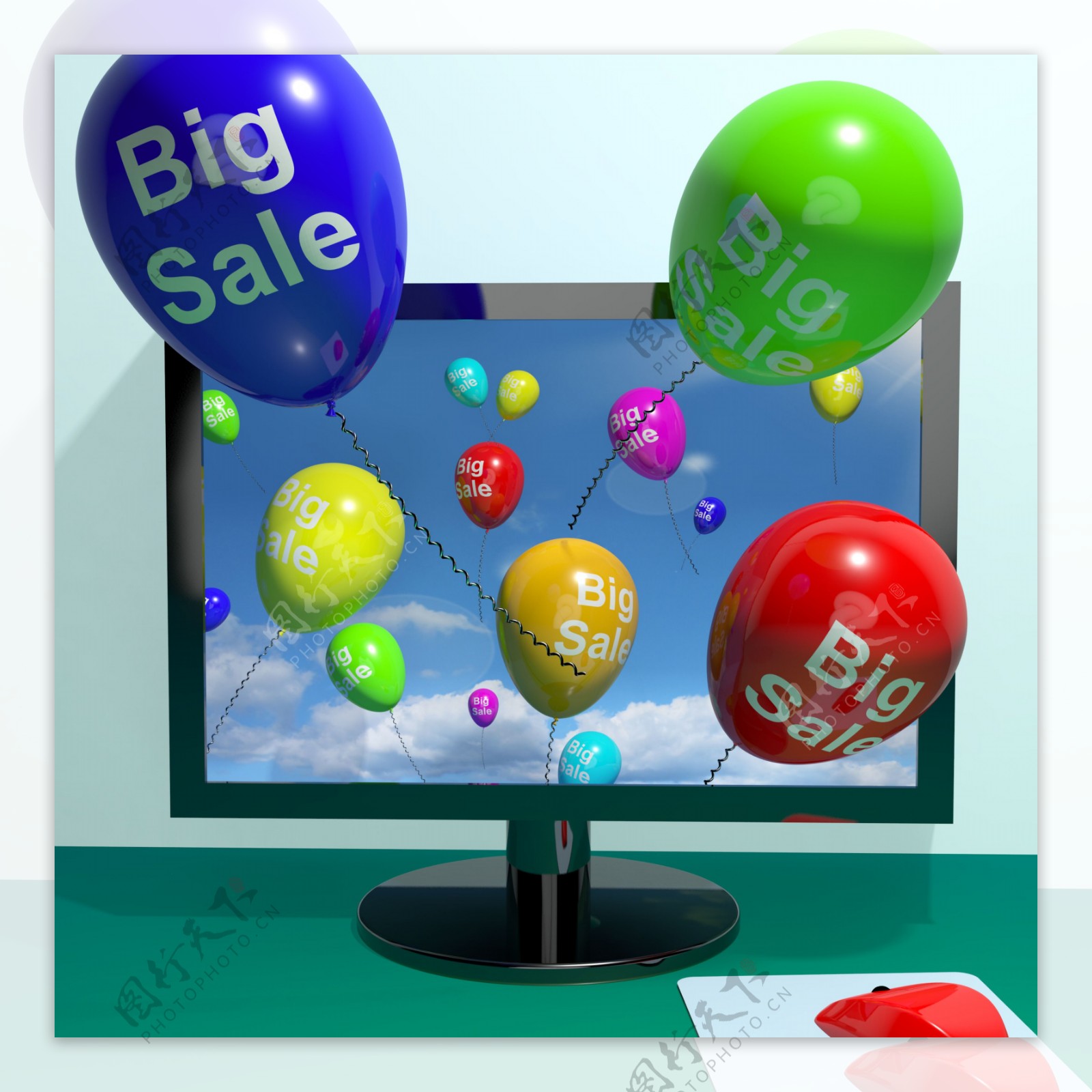 销售气球来自计算机展示促销的折扣和减少在线