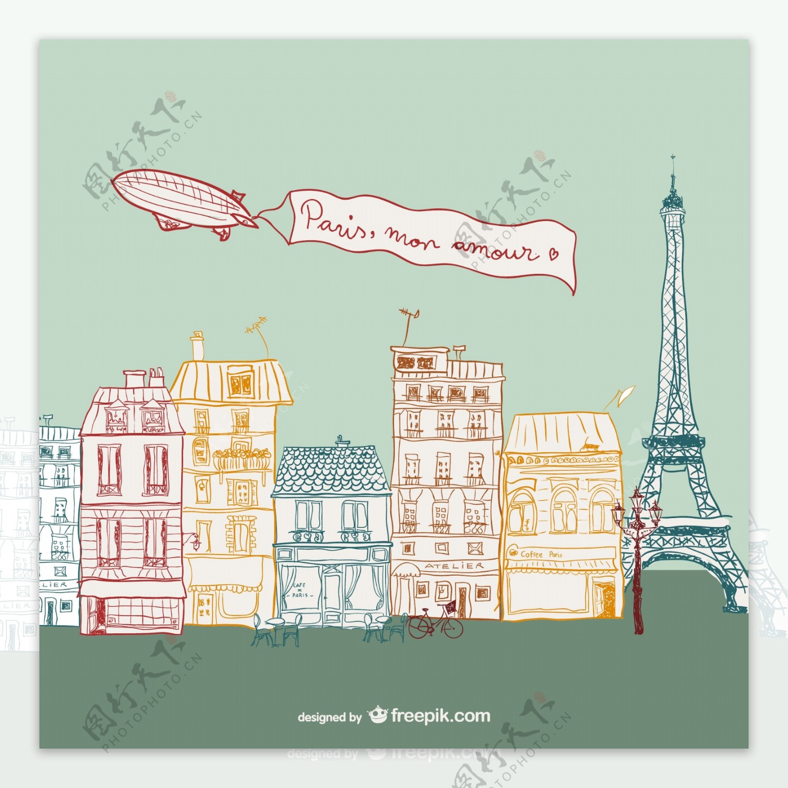 彩绘巴黎街道风景矢量图