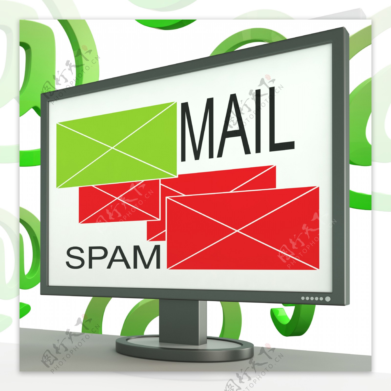 邮件和垃圾邮件的信封上的监视器显示在线留言