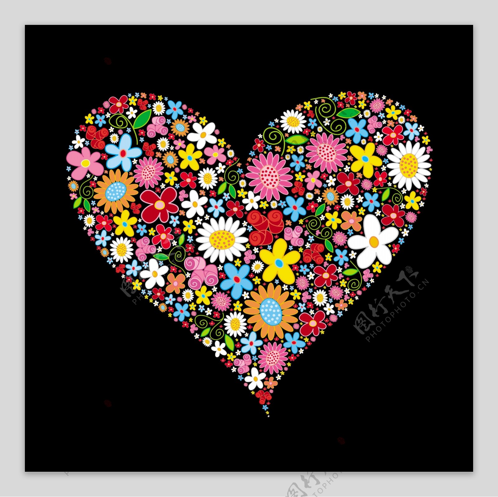 色彩斑斓的花卉组成的心形矢量素材