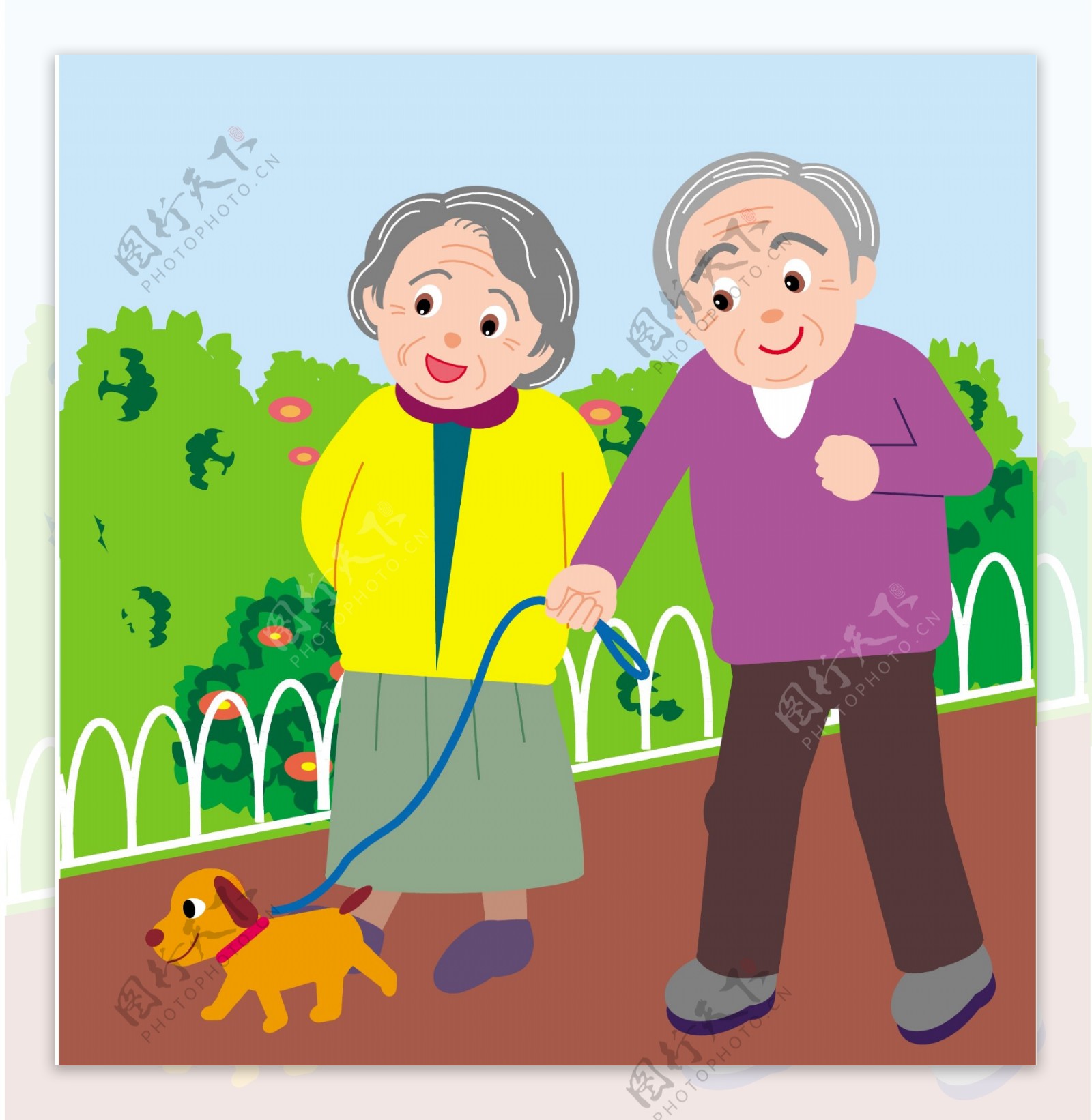 老年人遛狗散步矢量素材