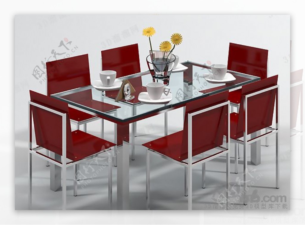 3D玻璃台面桌椅组合模型