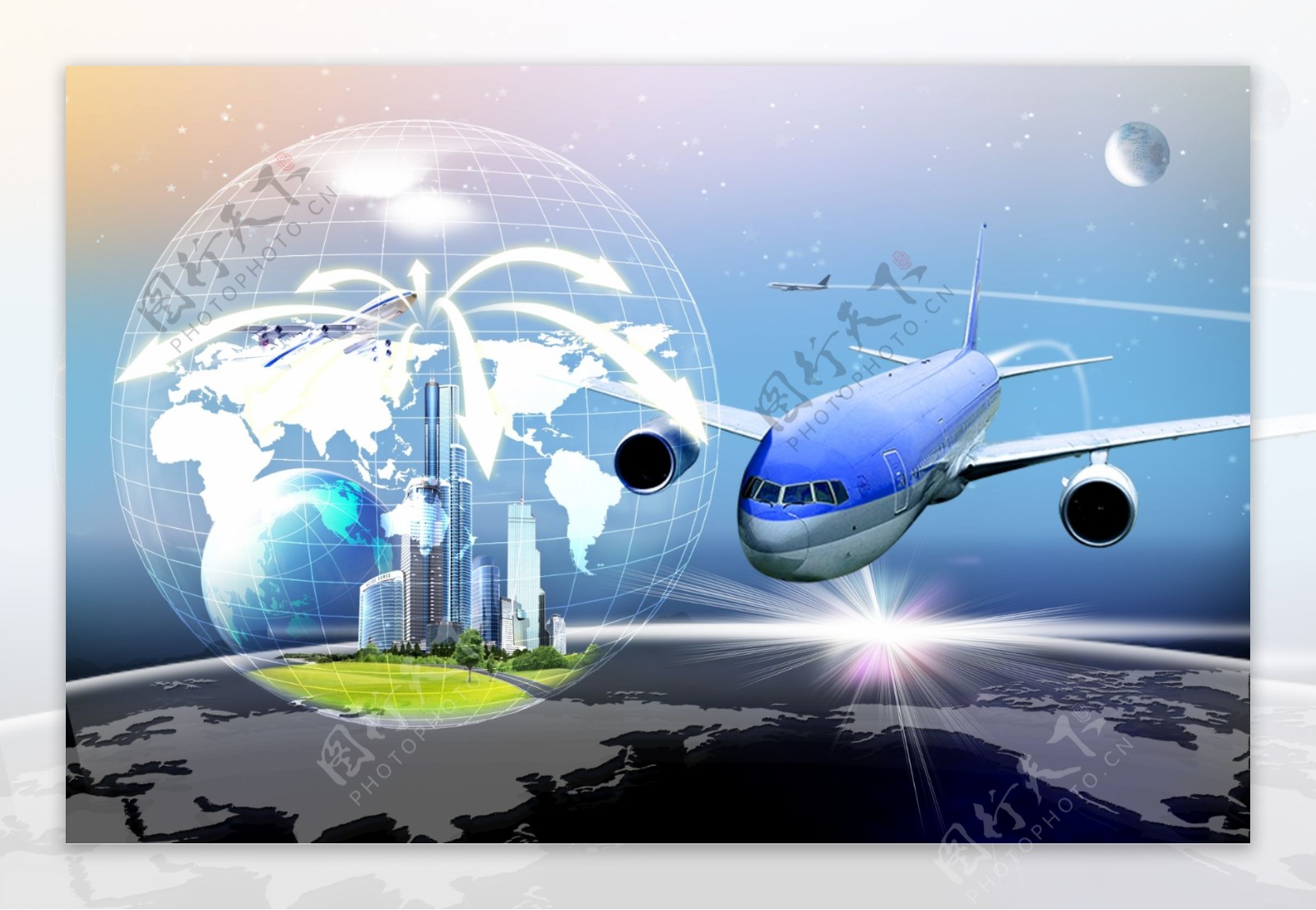 数位航空中心旅行飞机数位科技建筑地球星空PSD分层素材源文件库居家生活300DPIPSD广告设计模板国内广告设计