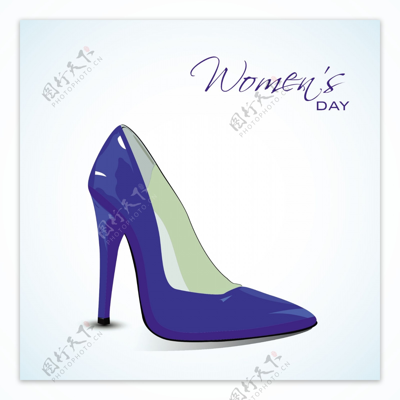 三八妇女节贺卡或海报和有光泽的蓝色女士鞋蓝色背景上的设计