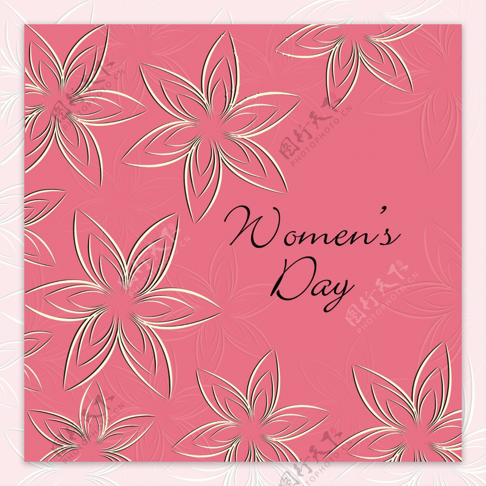 三八妇女节贺卡或海报上粉红色背景金色花设计