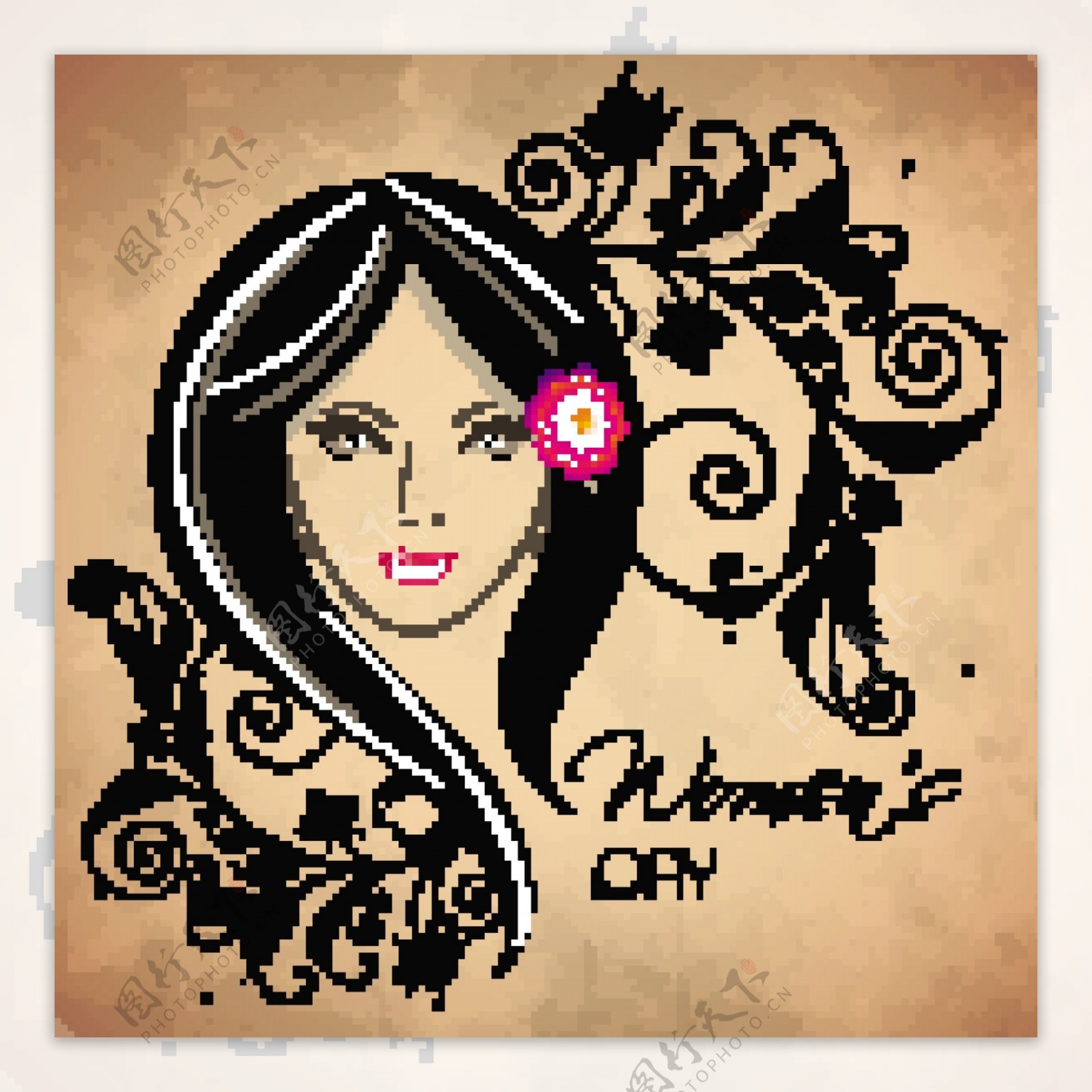 三八妇女节贺卡或海报用花装饰的棕色背景一个漂亮的女孩插画设计