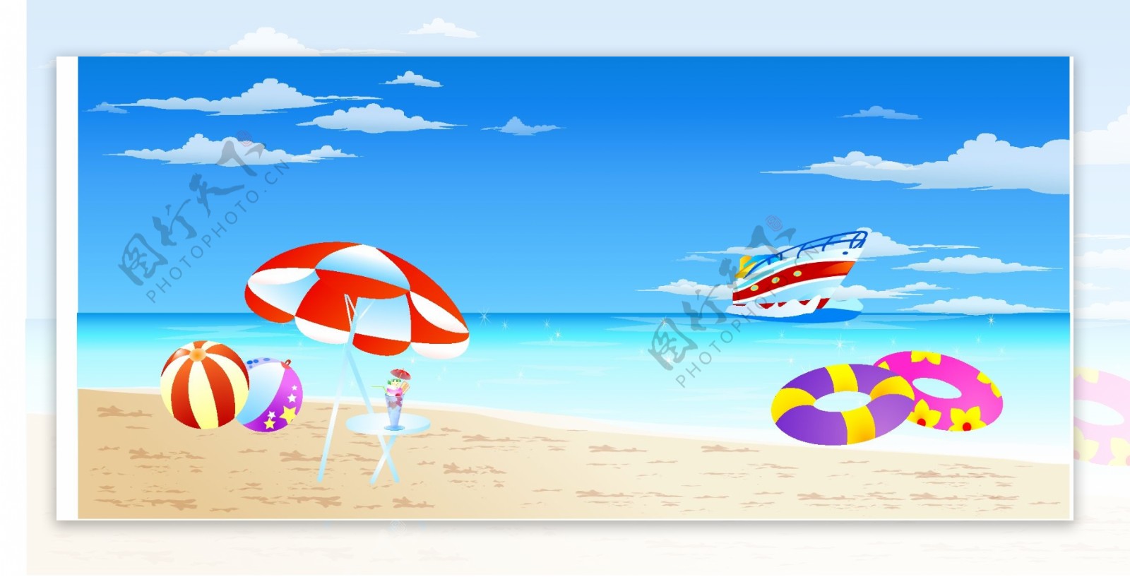 风景矢量素材梦幻线条海边沙滩天空太阳伞救生圈风景风光矢量素材AI格式
