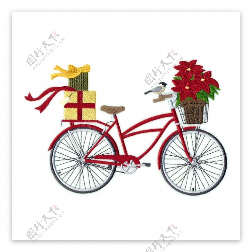 位图绣花生活元素自行车圣诞礼盒免费素材