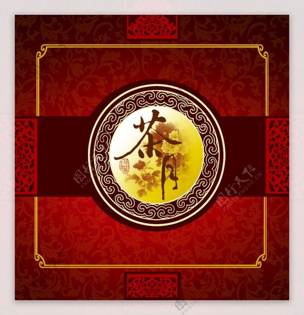 茶月中国红月饼包装封面PSD模板