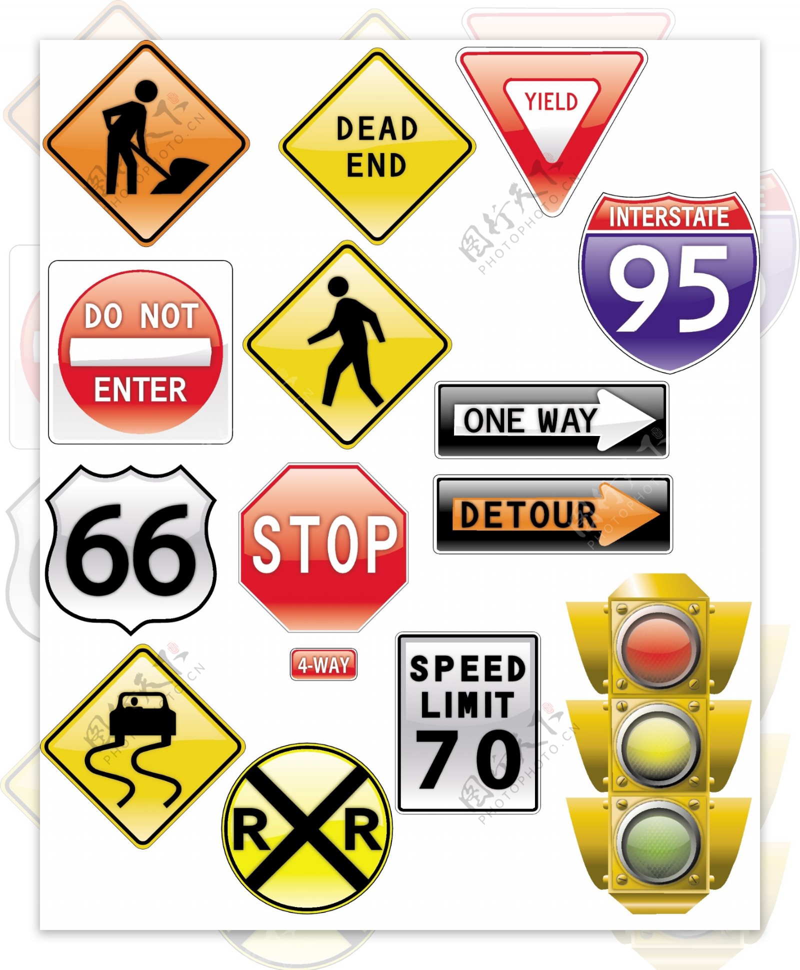 13光泽的路标交通图标设置