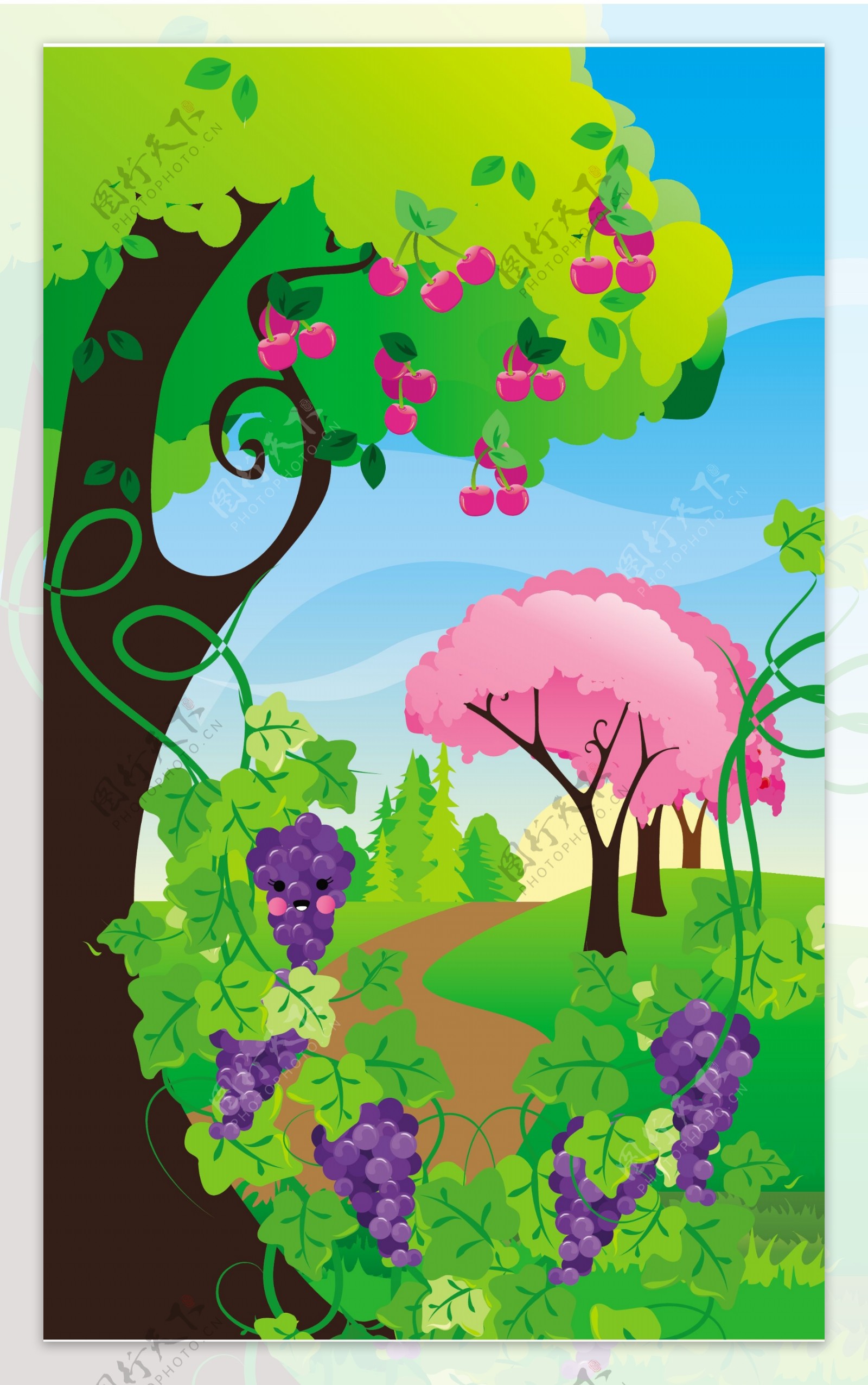 卡通矢量水果树风景图图片