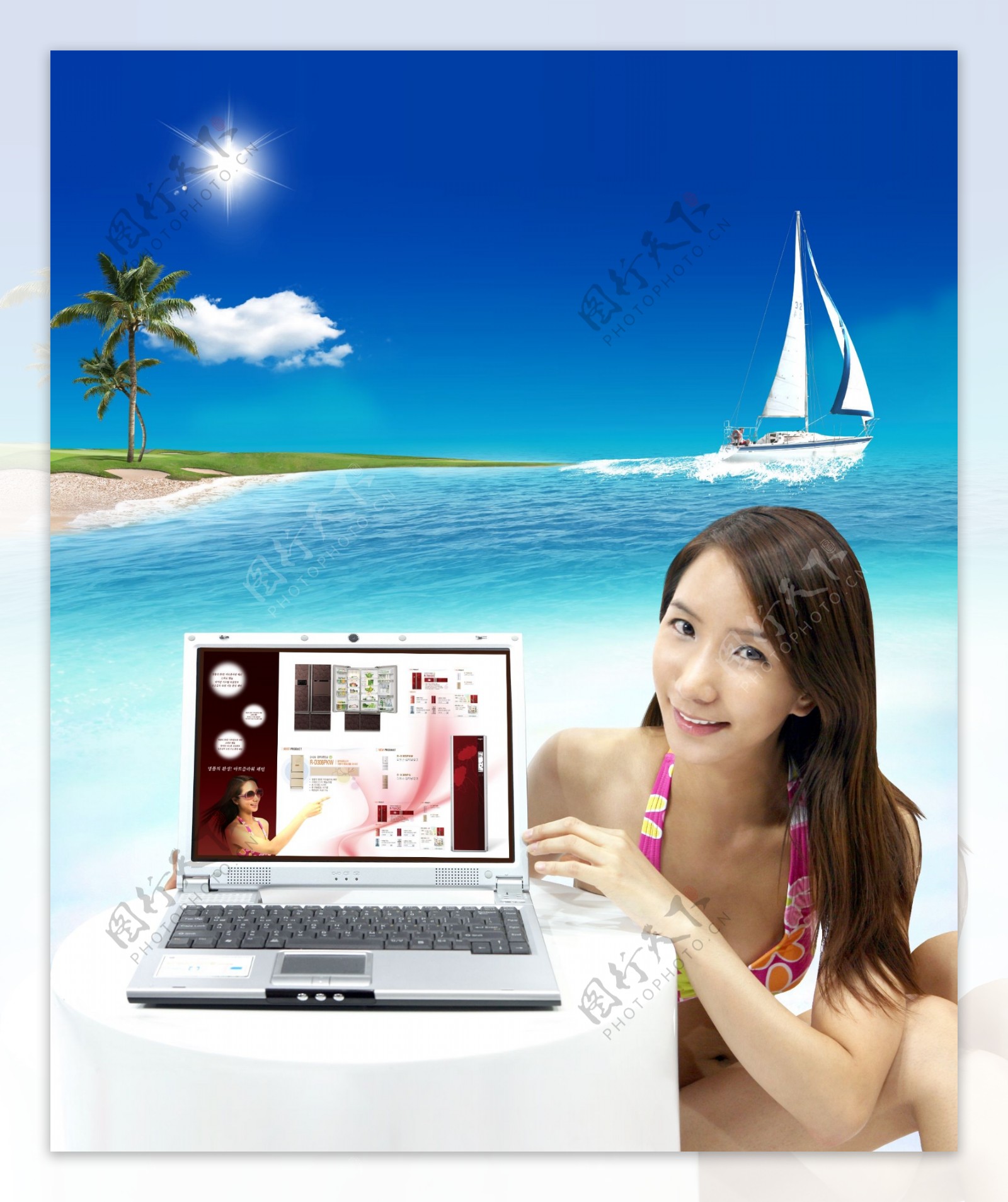 海边沙滩泳衣女人度假帆船蓝天白云电脑笔记本手提影骑韩国实用设计分层源文件PSD源文件