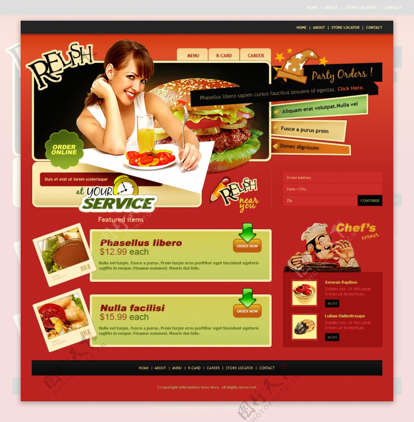 红色汉堡甜点餐饮网页模板