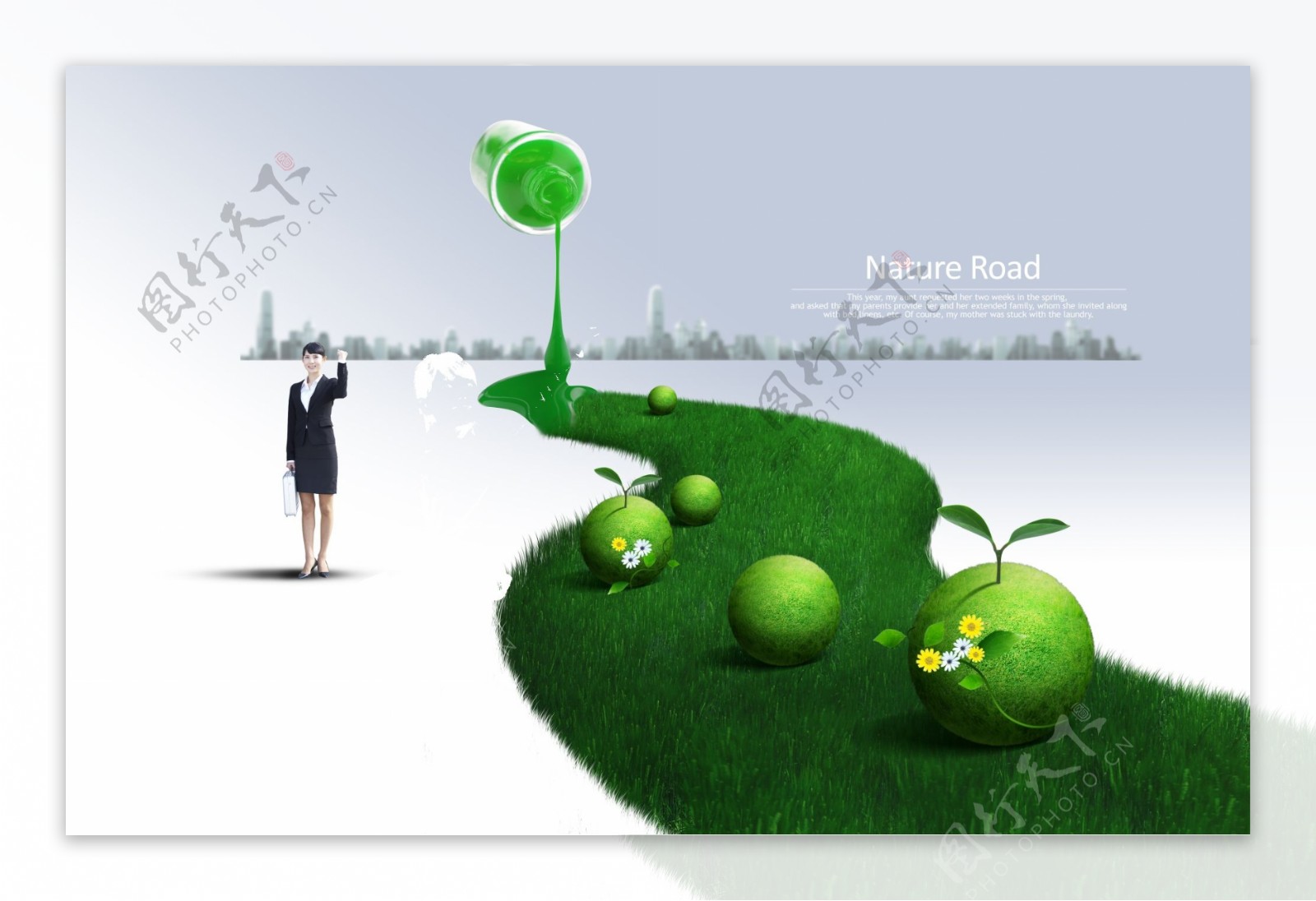 绿色道路上的绿色圆球和商务女士