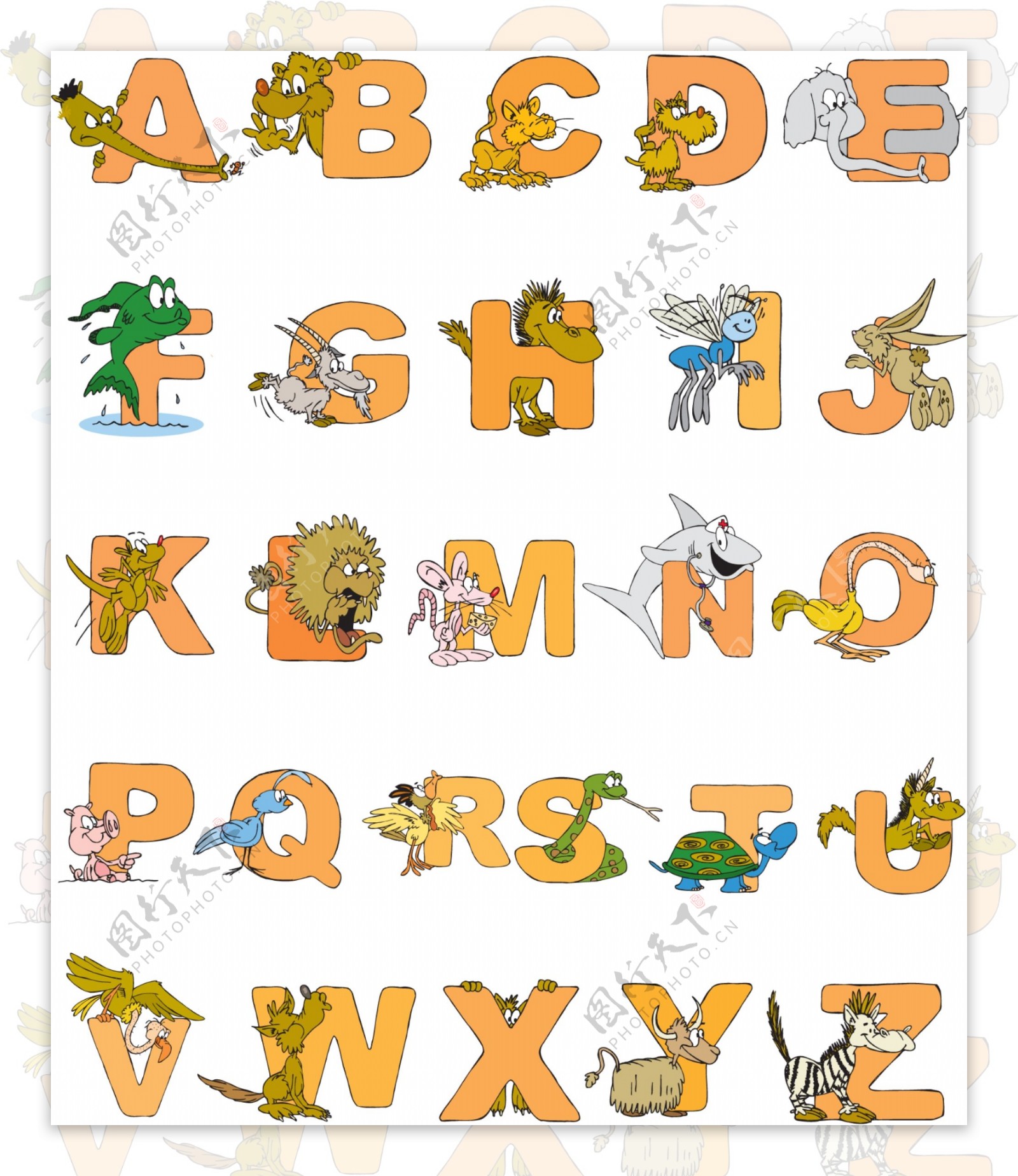 卡通动物字母矢量素材