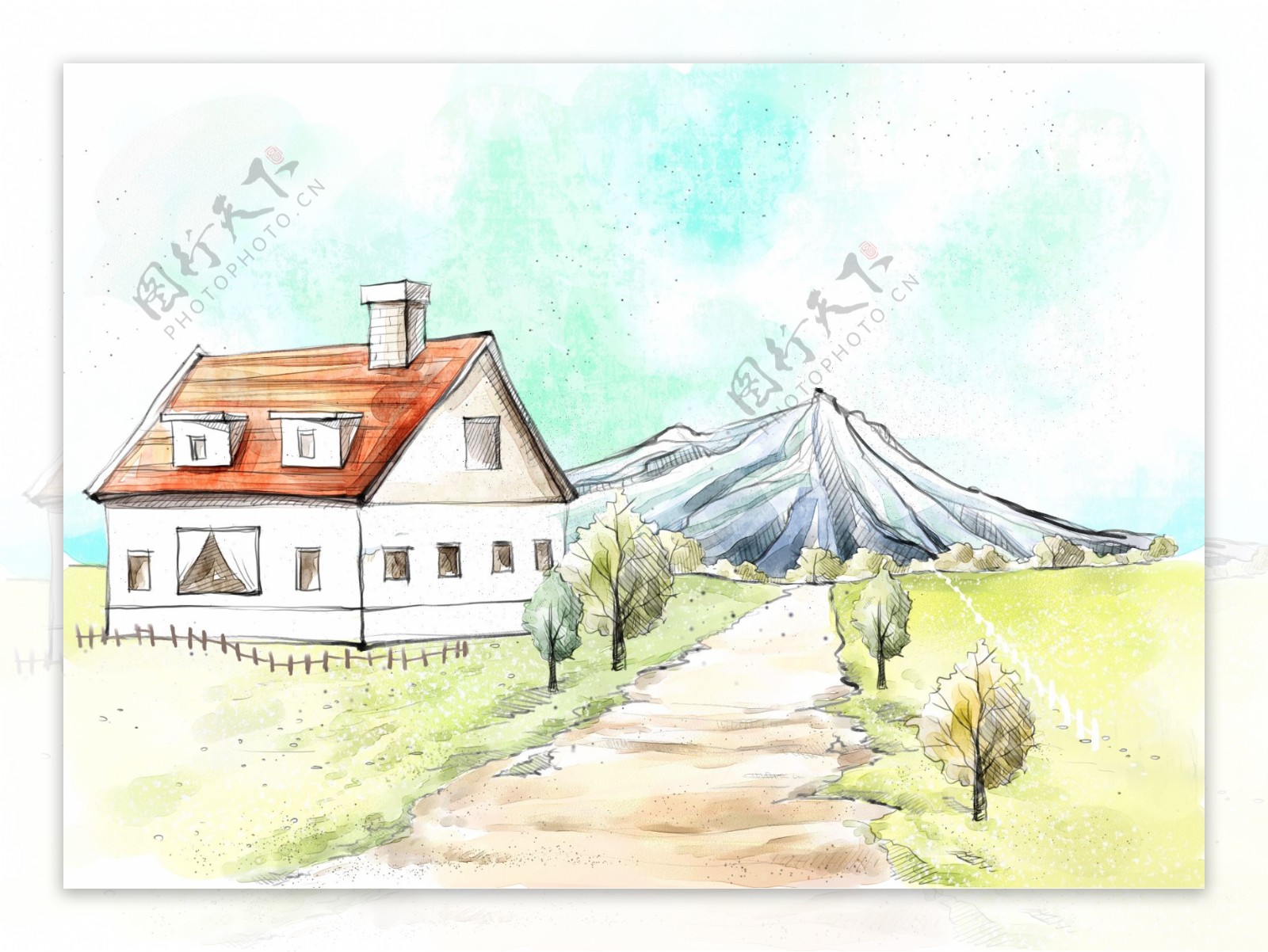 HanMaker韩国设计素材库背景淡彩色调意境绘画风格房子草原山