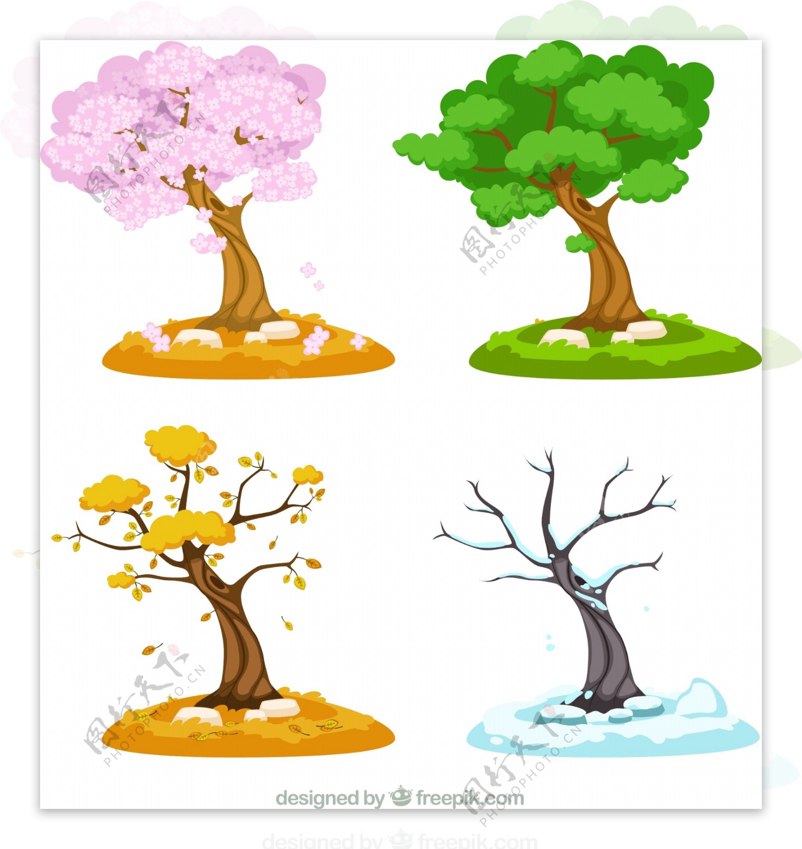 卡通树木的四季