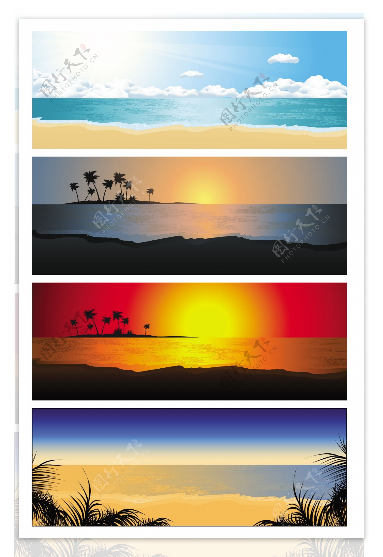 4个热带海滩日落向量的旗帜