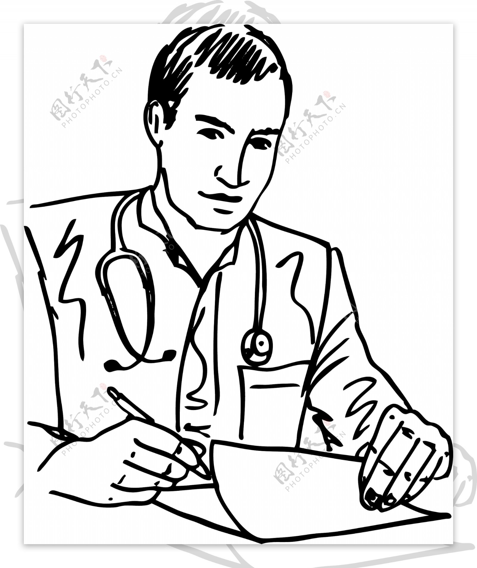 用听诊器坐在他的办公室的桌子和写作食谱矢量插画医生示意图