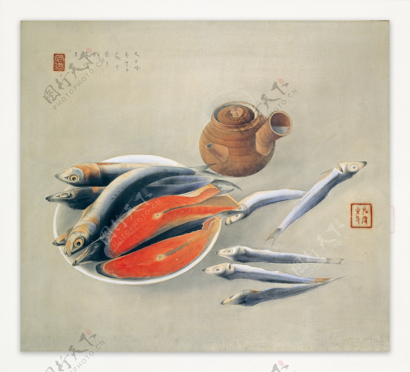 魚与砂锅国画工笔画餐饮生活裝饰