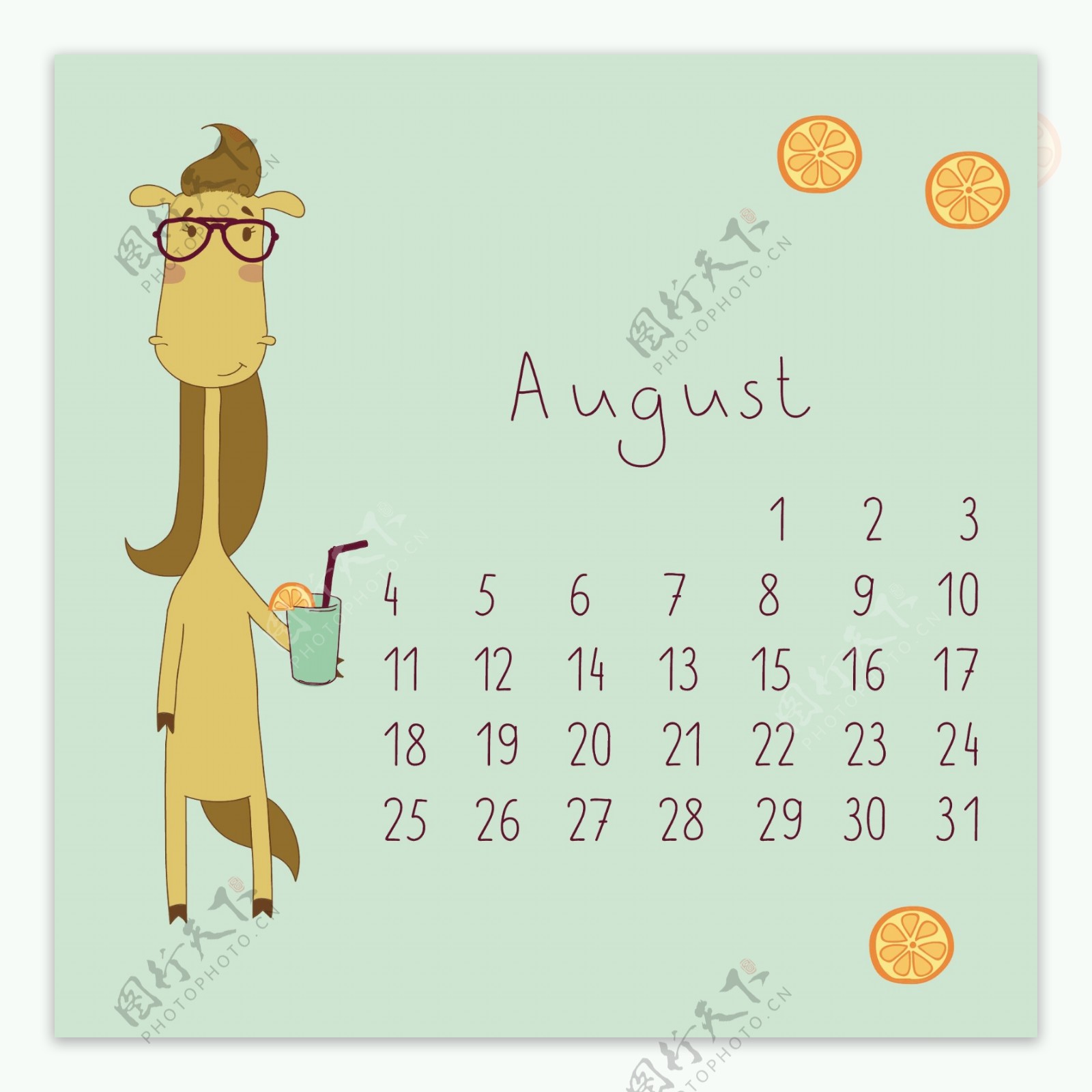 可爱的卡通八月日历设计矢量