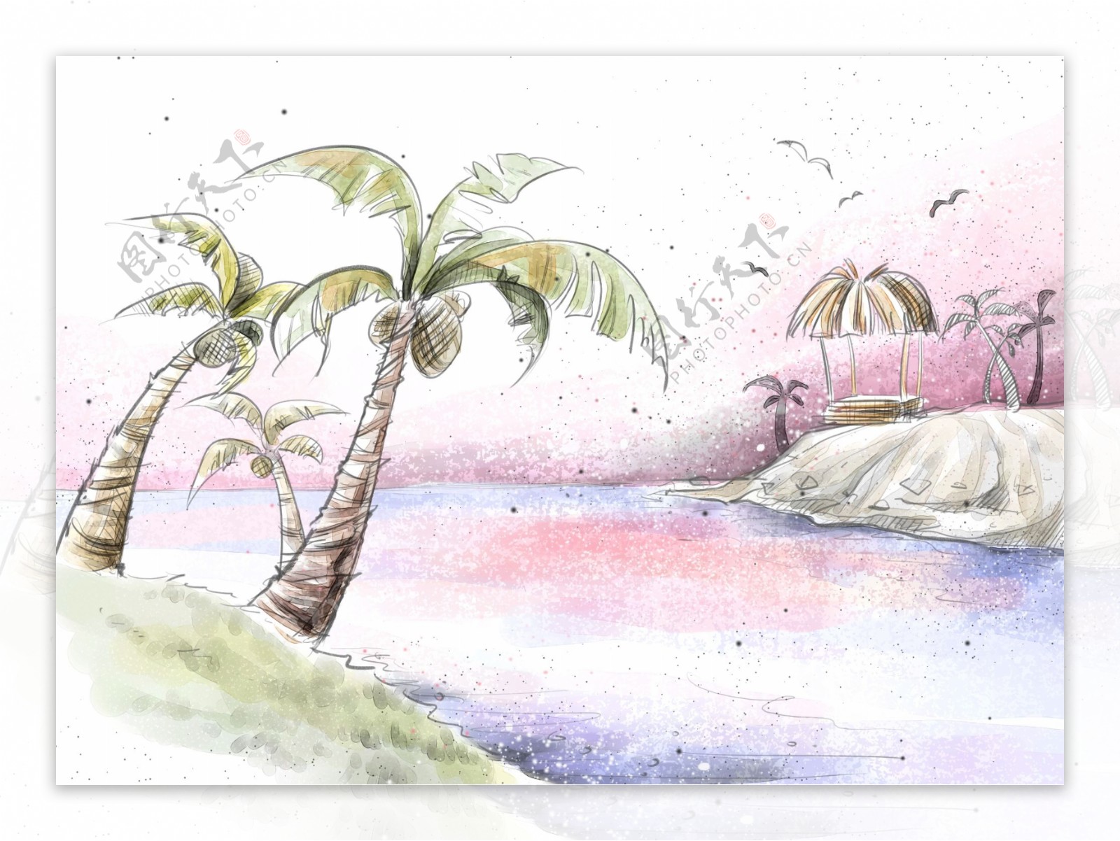 HanMaker韩国设计素材库背景淡彩色调意境绘画风格椰树湖畔