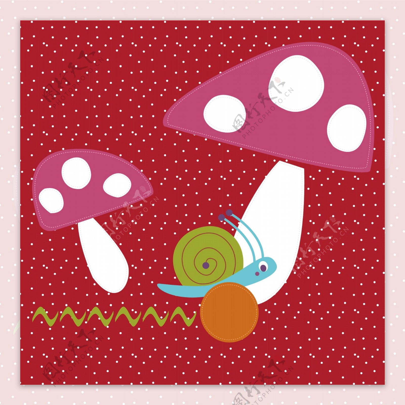 印花矢量图可爱卡通蘑菇蜗牛色彩免费素材
