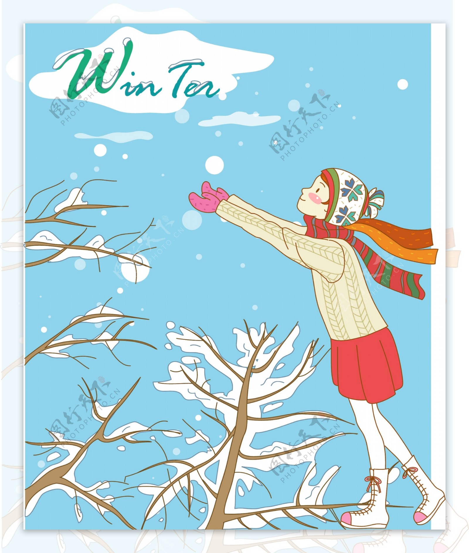 韩国冬季圣诞小女孩插画图片