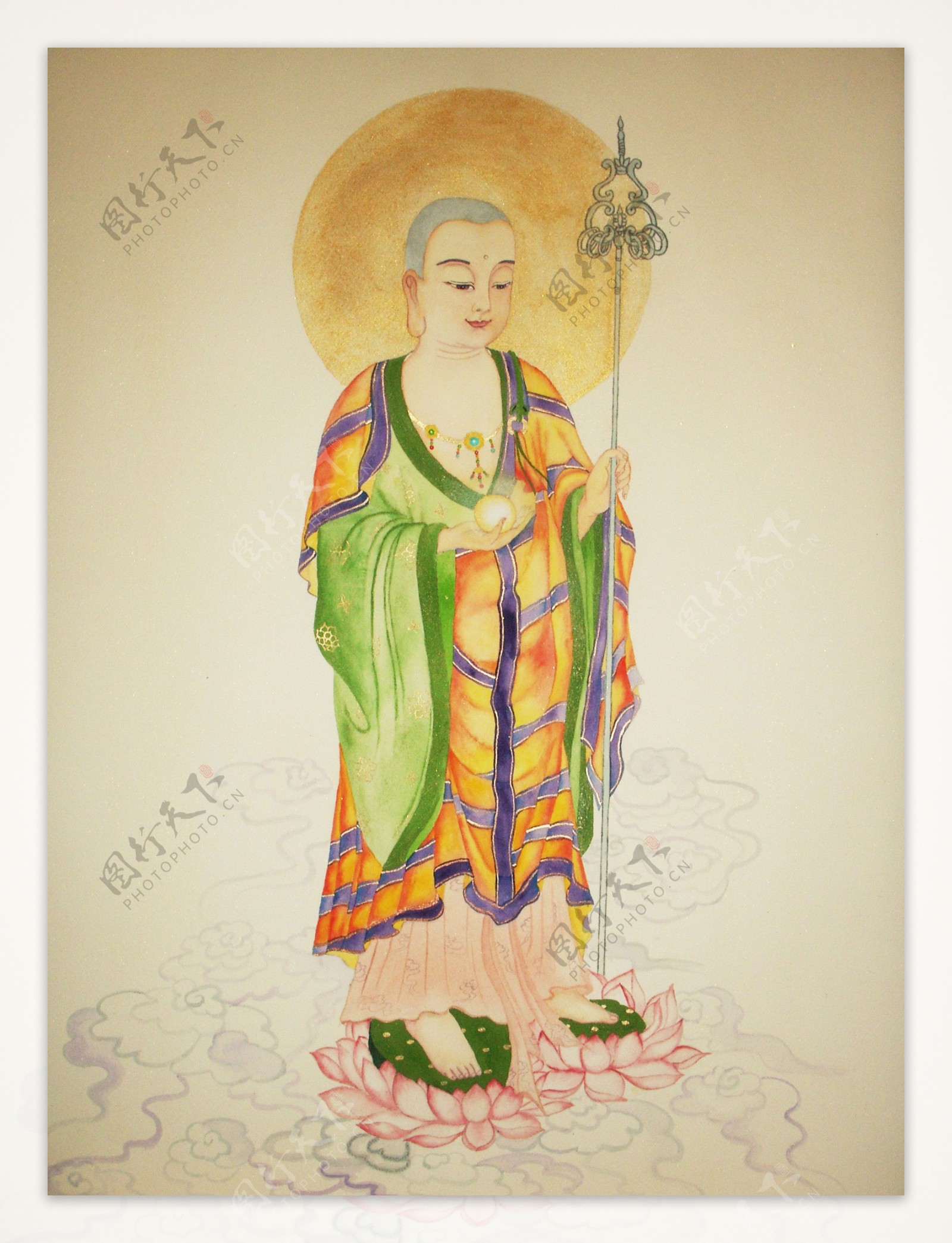 唐淡彩绿衣地藏菩萨圣像图片