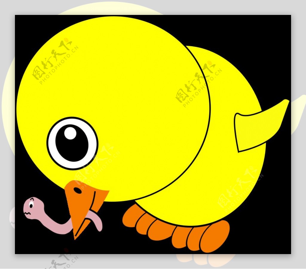 有趣的卡通小鸡吃蚯蚓