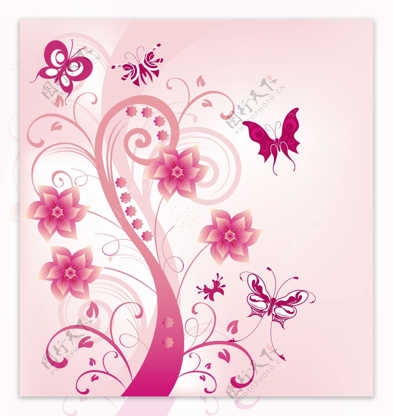 粉红色花的涡流与蝶类矢量插画