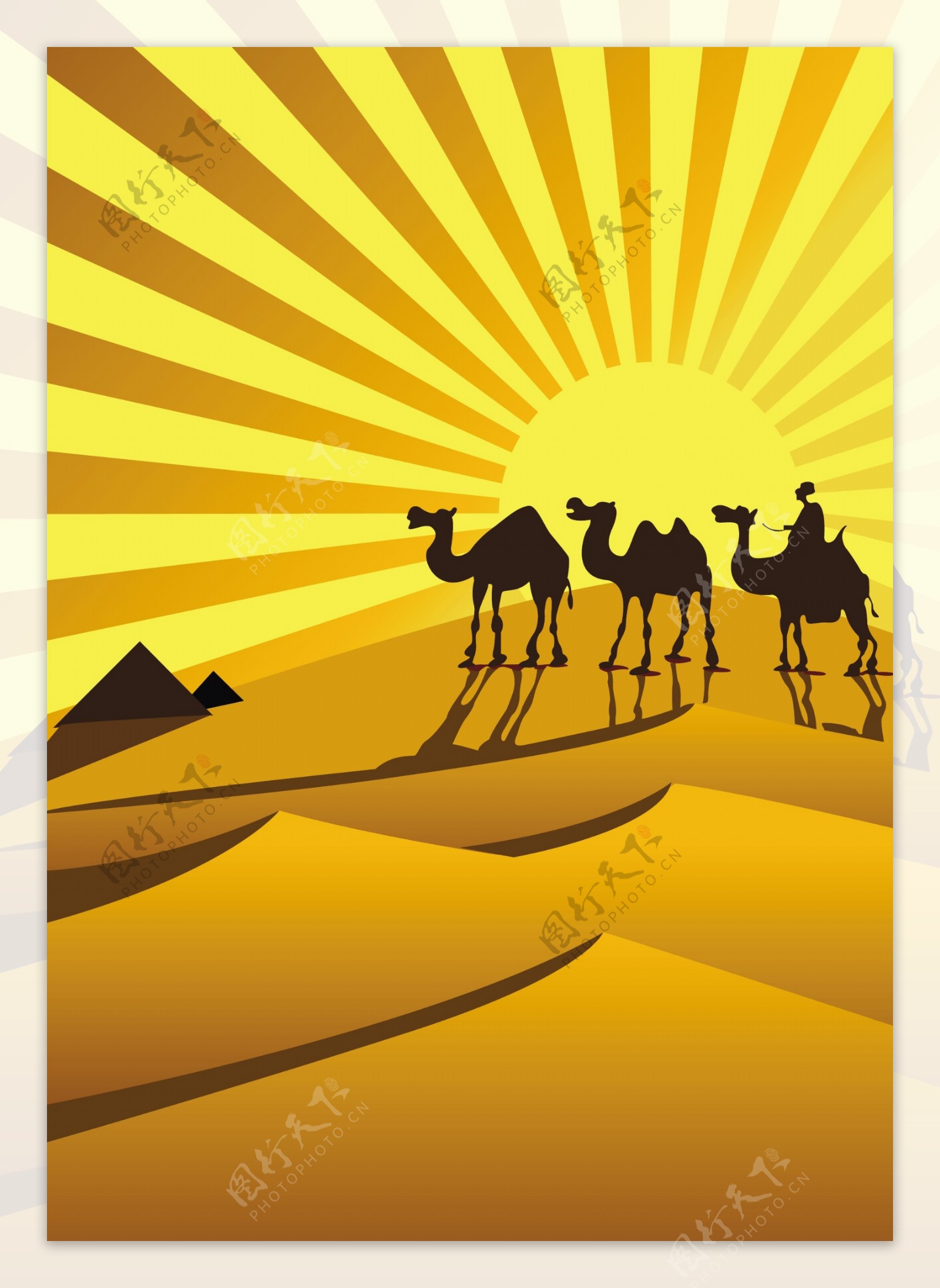 黄金沙漠骆驼剪影矢量素材