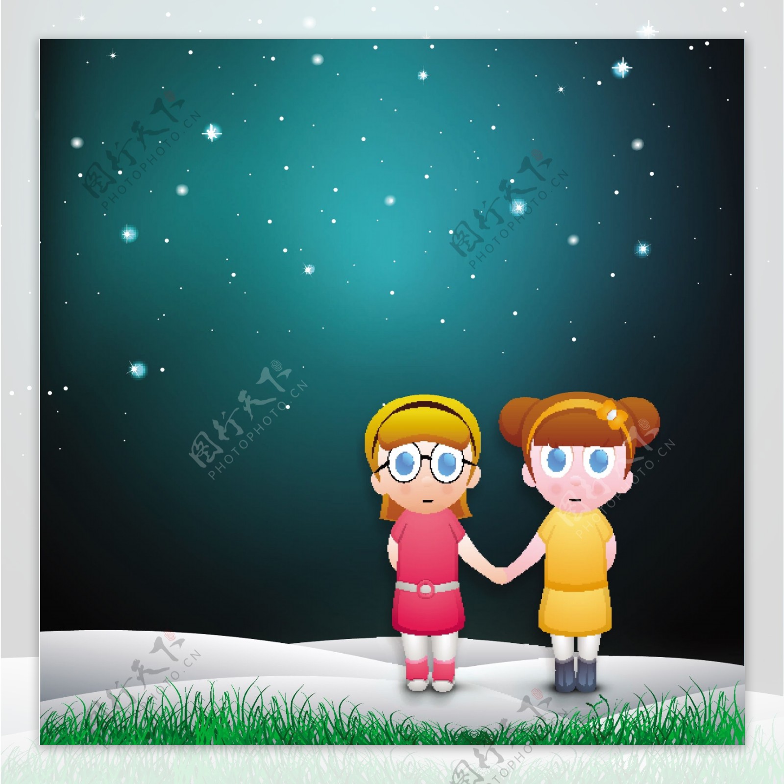 快乐友谊日背景与可爱的小女孩在晚上握手