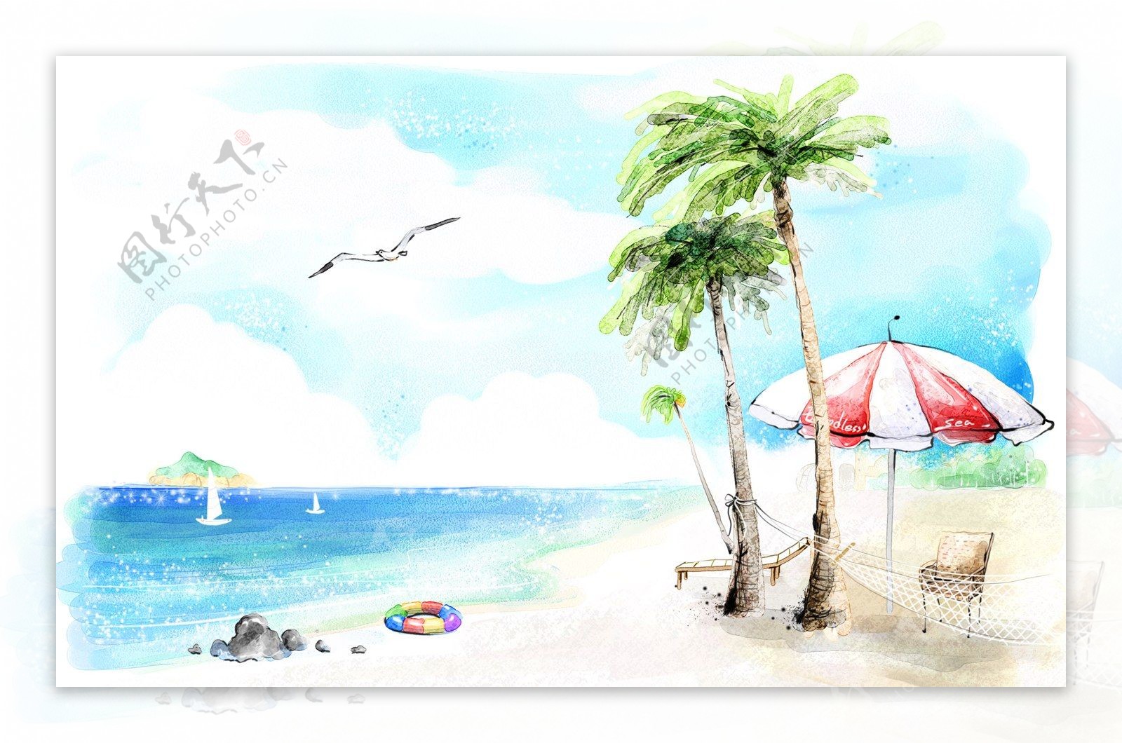 韩风手绘水彩插画沙滩休闲度假