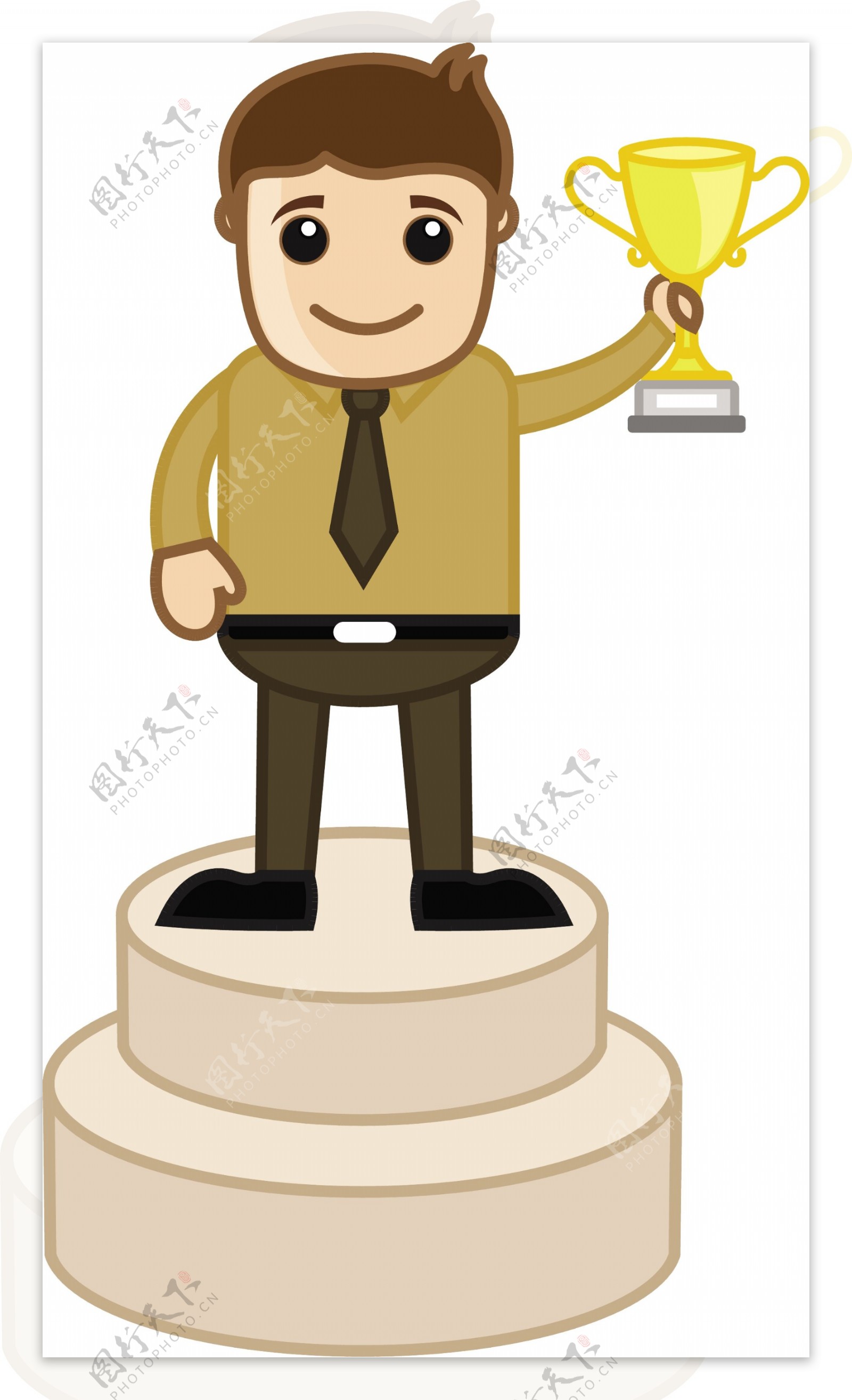 男人站在领奖台上拿着奖杯卡通办公矢量插画