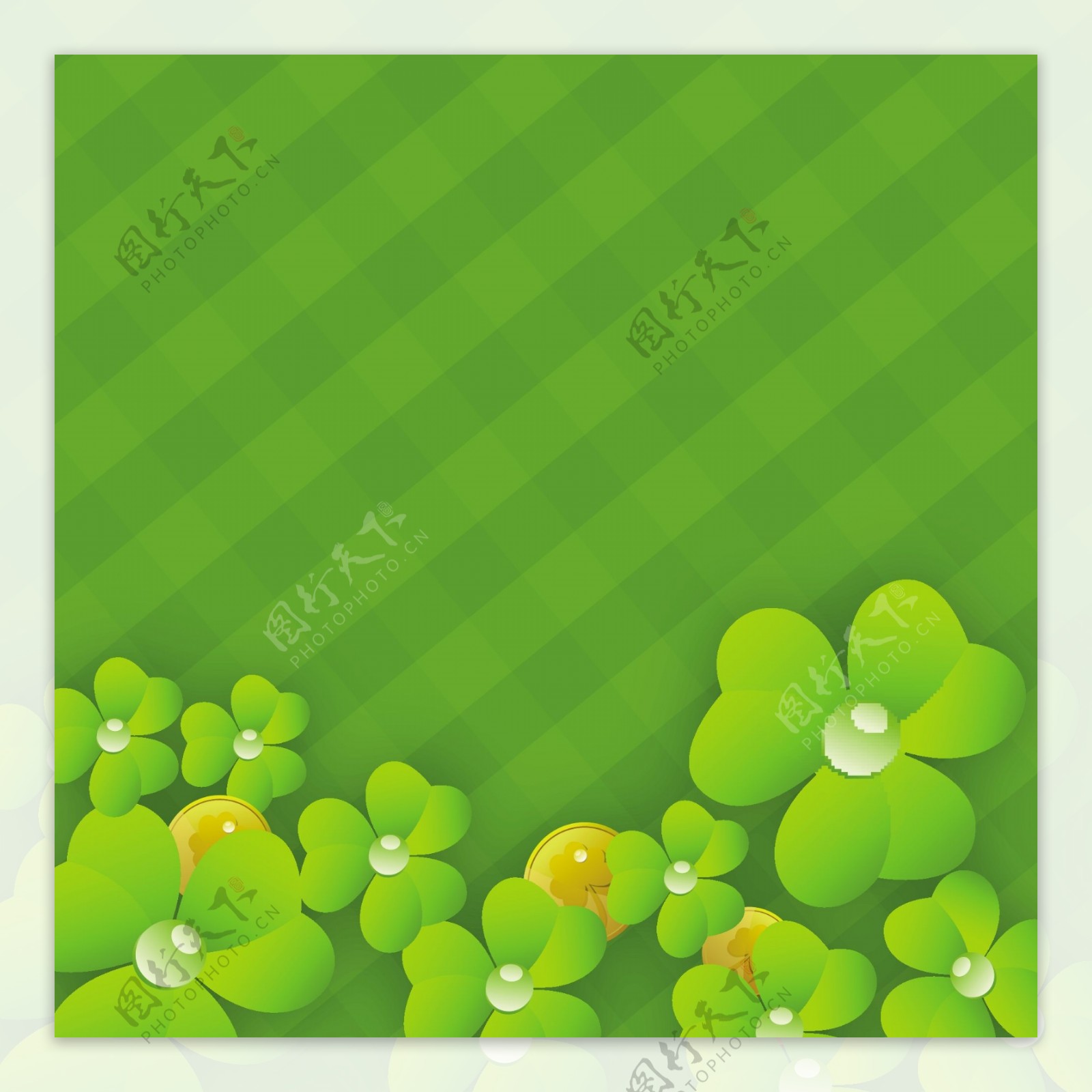 快乐的圣巴特里克节概念与三叶草的叶子和绿色背景的金币