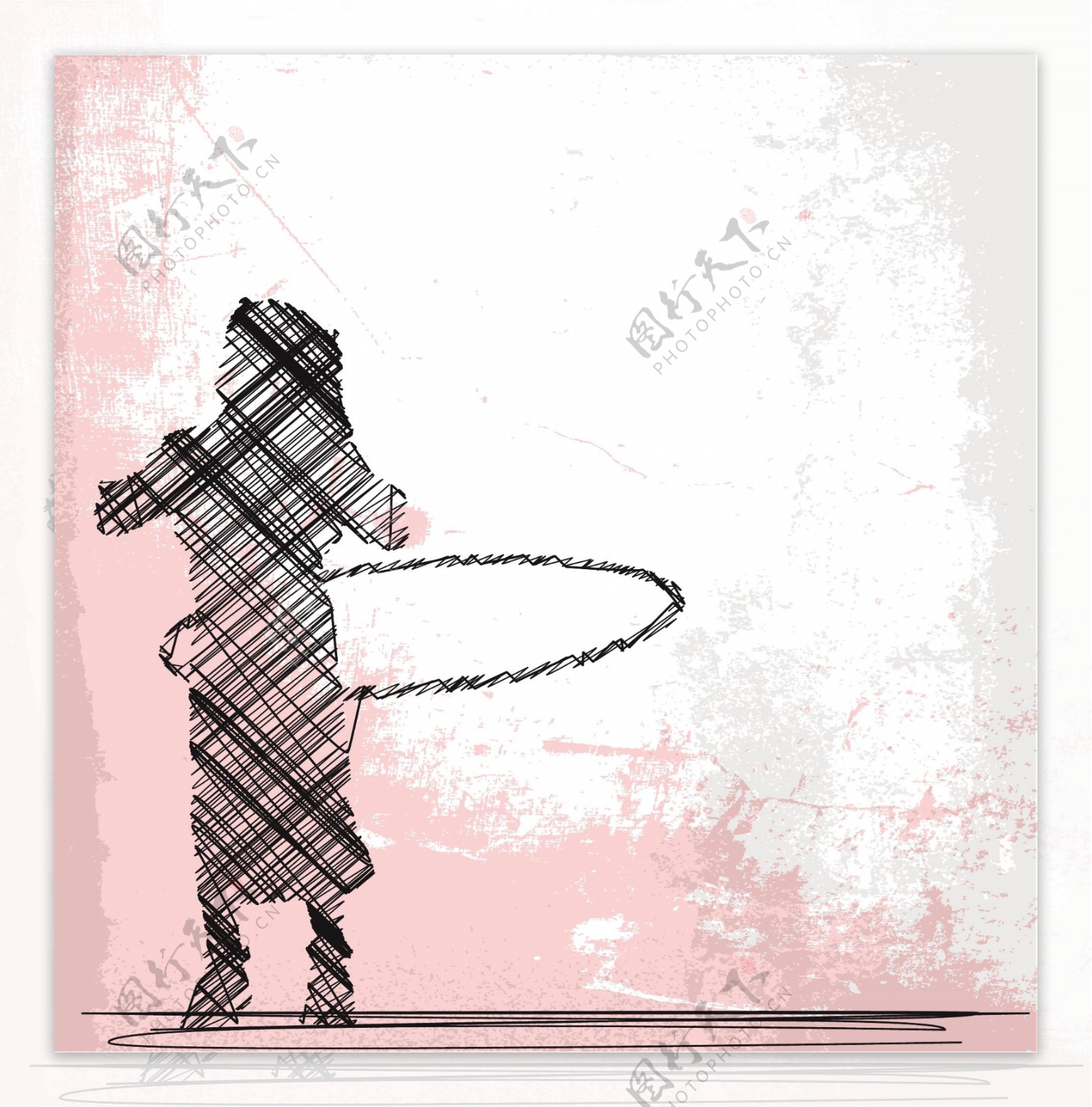 摘要素描的年轻女孩玩呼拉圈矢量插画
