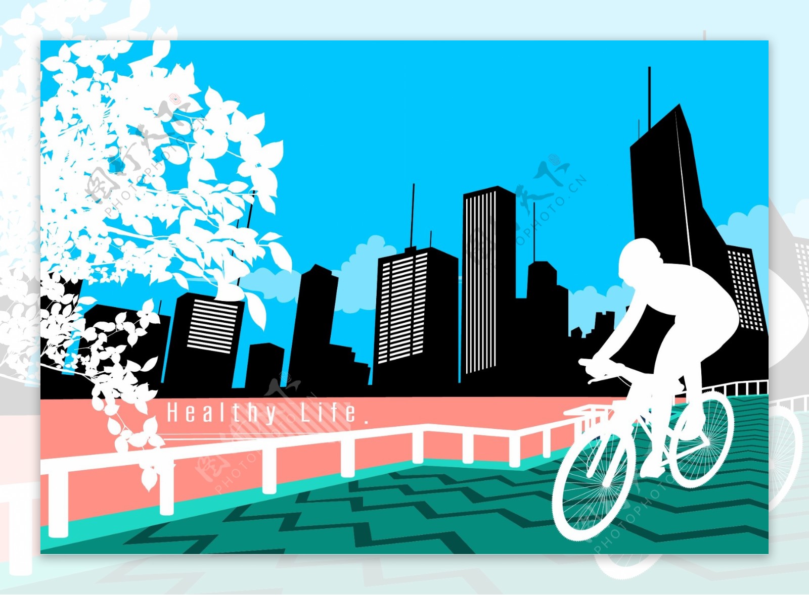 骑自行车的人物与城市建筑物剪影矢量素材