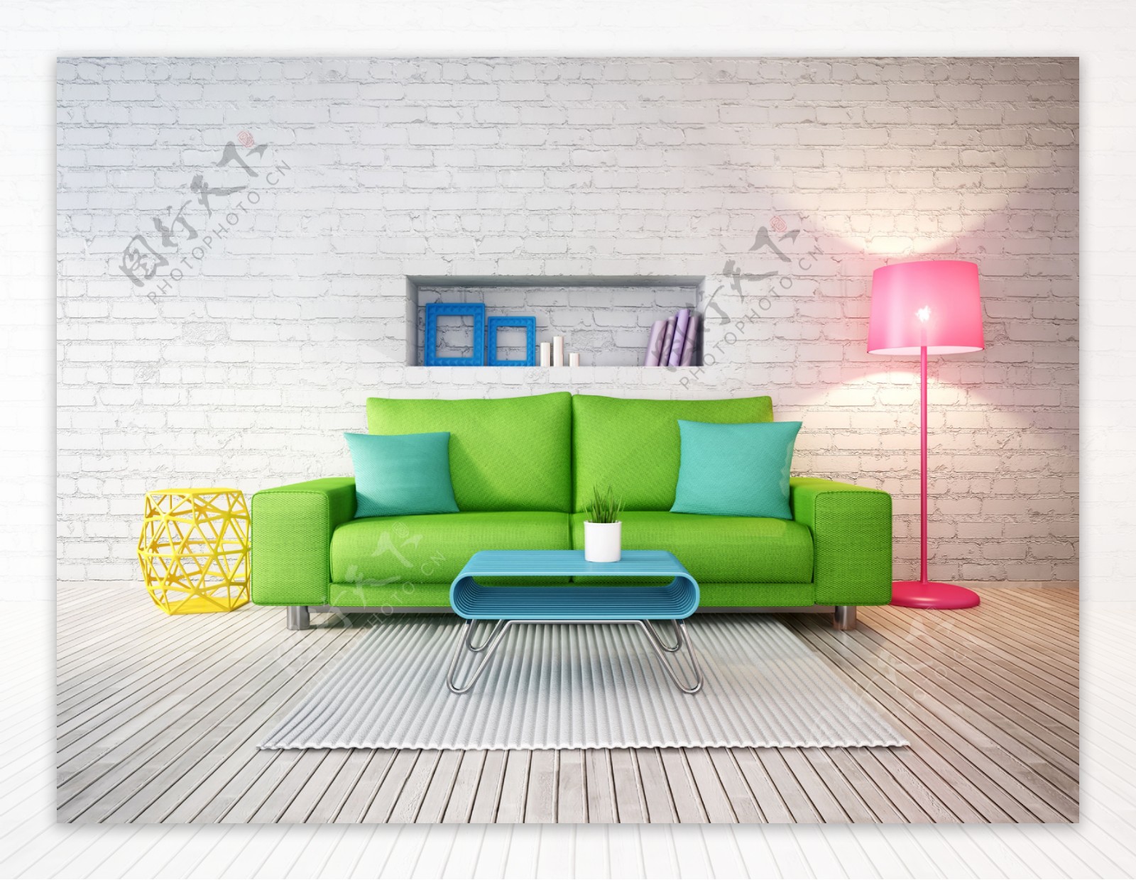 绿色沙发与蓝色茶几图片