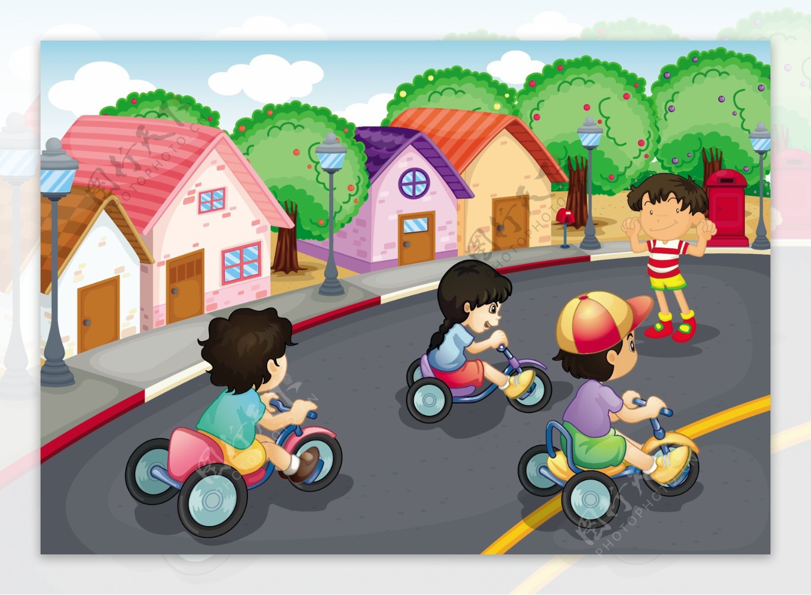 卡通儿童骑车比赛插画矢量素材