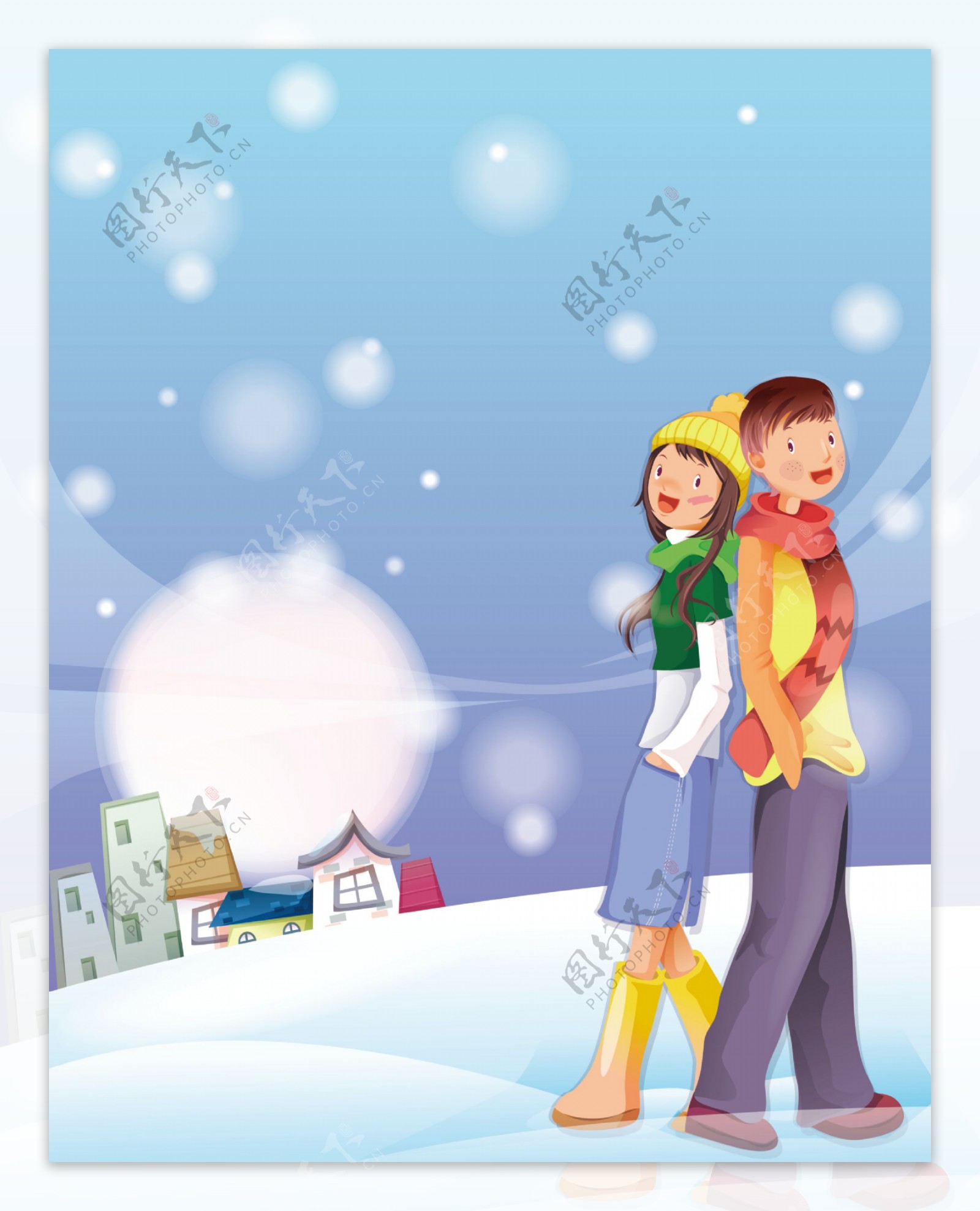 卡通情侣背靠背冬季移门图片