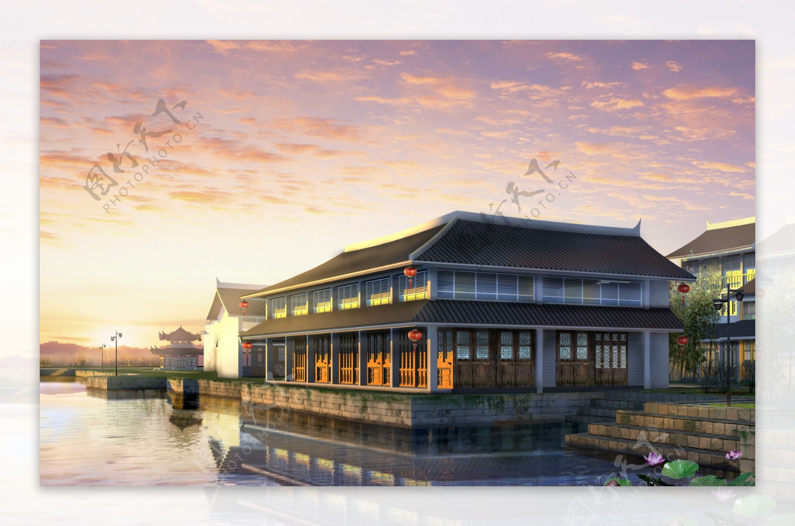 夕阳水传统风格餐馆建筑岸楼台设计效果图